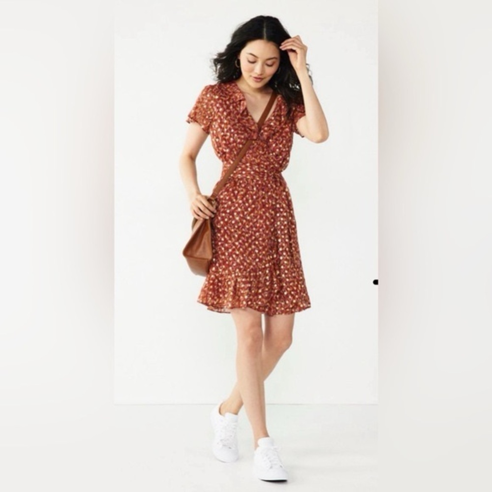 Floral Ruffle Wrap Dress - Red